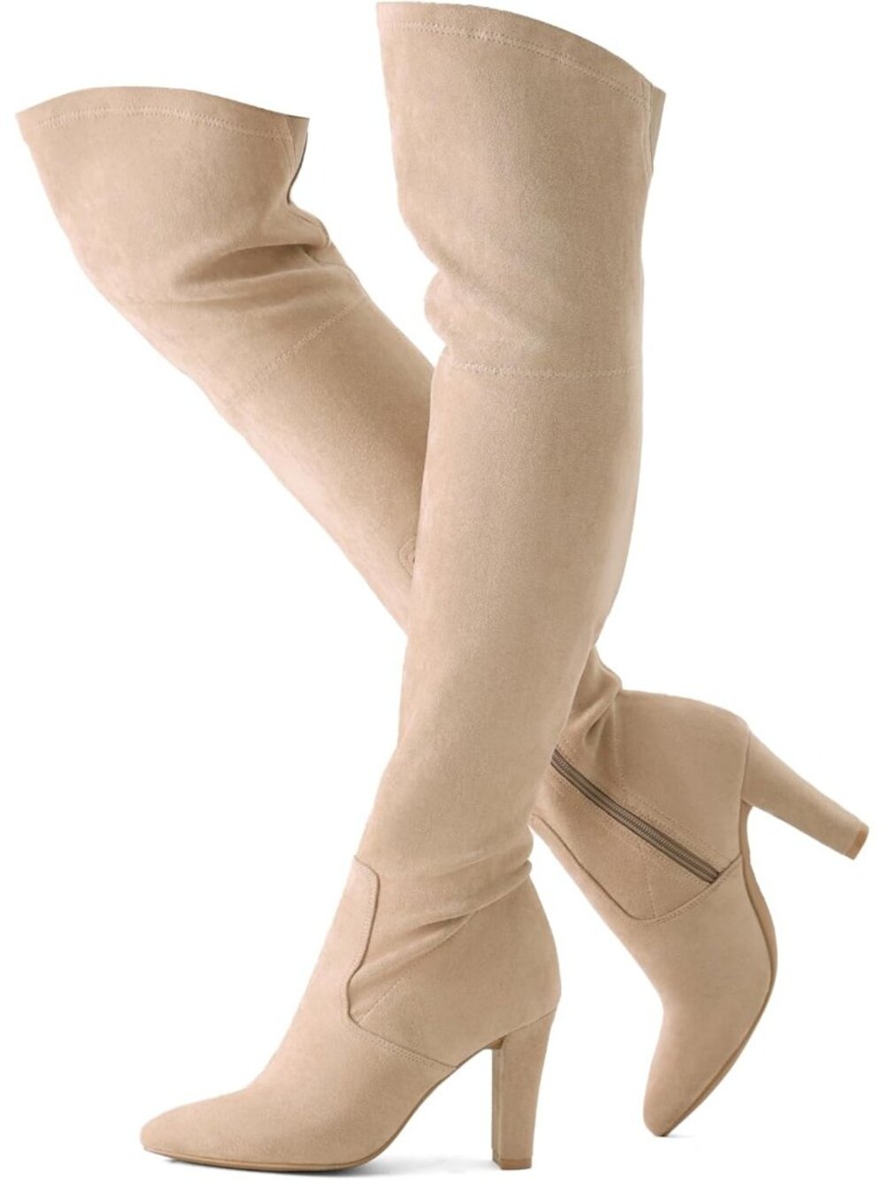 Women's Khaki Stretch Suede Chunky Heel Over The Knee Boots Thigh High Boots